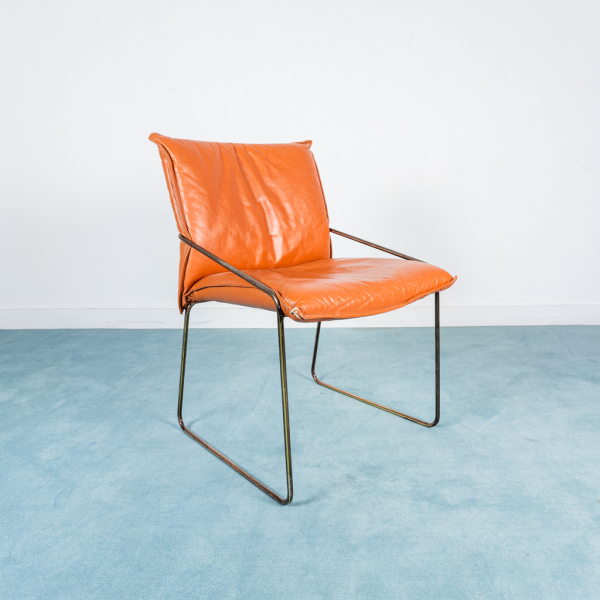 SET 4 sedie tubolare acciaio cromato pelle arancio