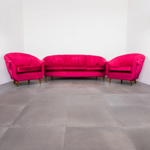 Set 2 poltrone divano 3 posti velluto rosso porpora anni '40 vintage
