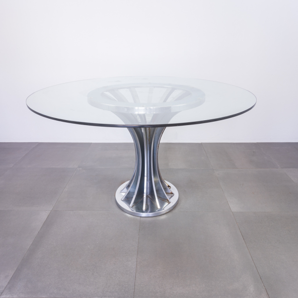 Tavolo tondo in vetro metallo cromato design anni '70