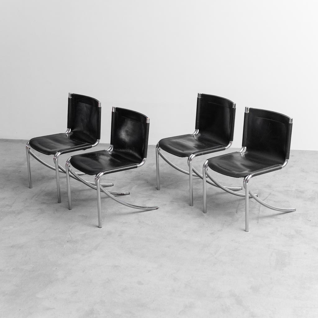 Set 4 sedie cuoio metallo Jot Stoppino anni '70 Vintage Modernariato