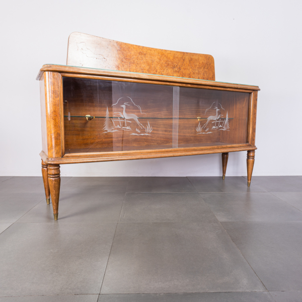 Sideboard credenza legno radica e vetro anni '50 Vintage Modernariato