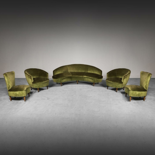 Set da 5 divano e quattro poltrone in velluto anni '50