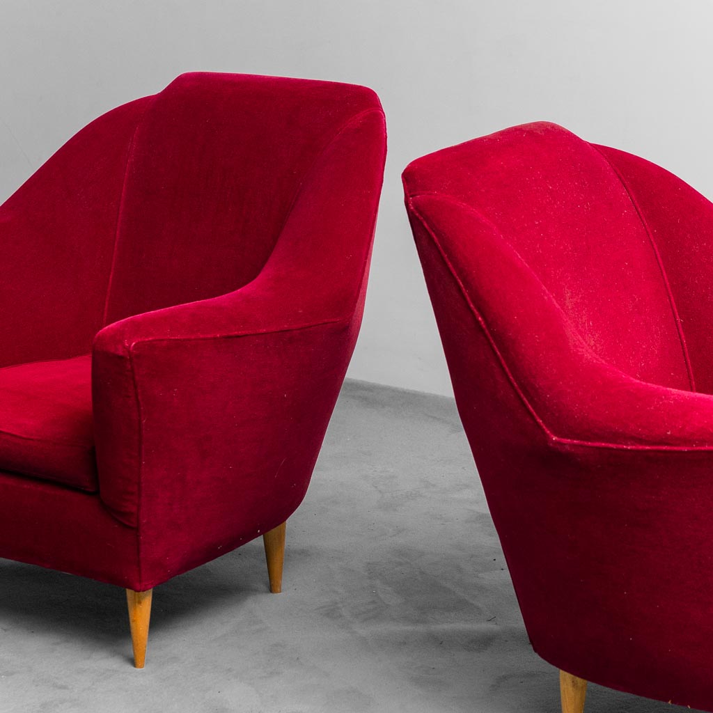 Coppia di poltrone velluto rosso stile Ico Parisi anni '50 Vintage Modernariato