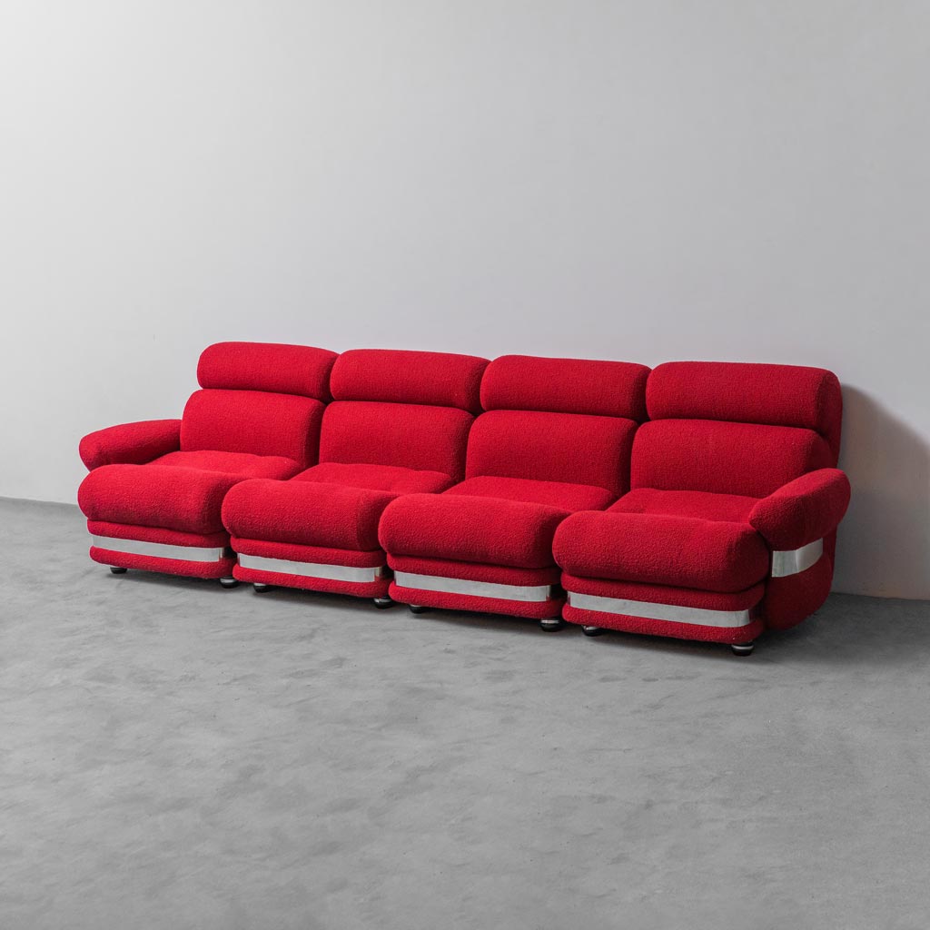 Divano modulare 4 posti in tessuto rosso anni '70 vintage modernariato