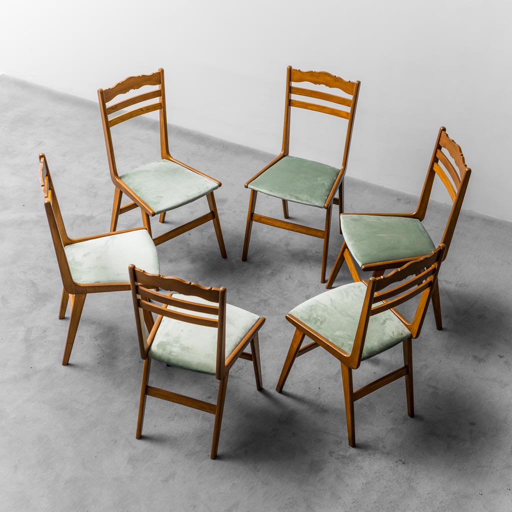 Set 6 sedie in legno velluto verde anni '60 modernariato vintage