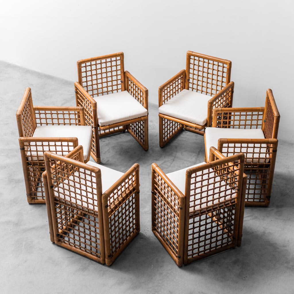 Set 6 sedie in legno tessuto bianco anni '60 modernariato vintage