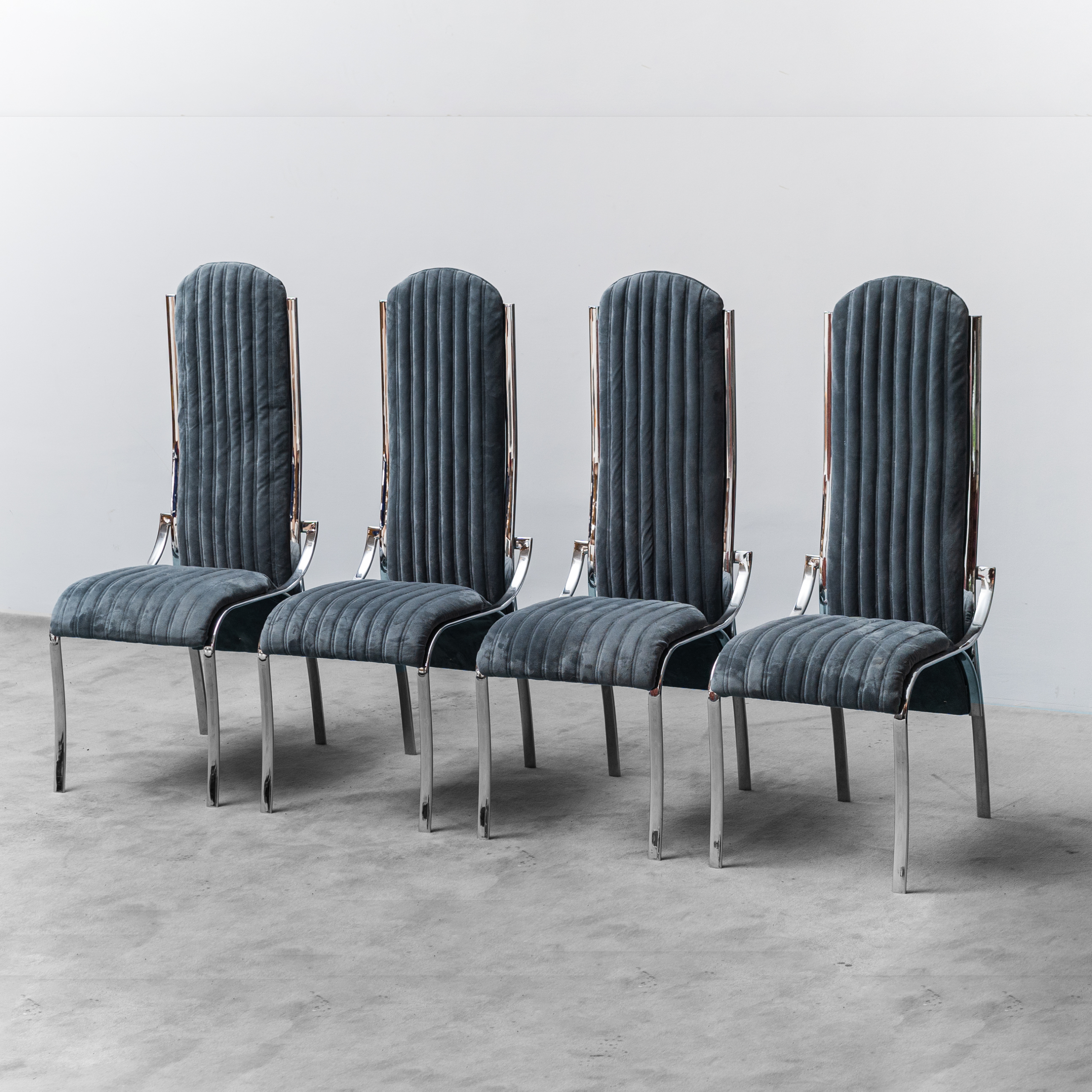 Set 4 sedie velluto blu metallo anni '70 vintage modernariato