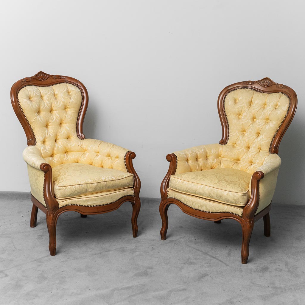 Coppia di Poltrone stile Luigi Filippo Legno Tessuto Giallo XIX