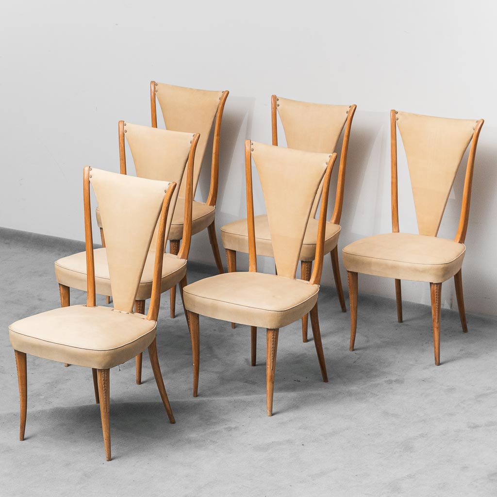 Set di 6 sedie in stile Vittorio Dassi pelle legno anni '50 vintage modernariato