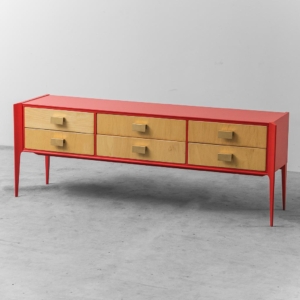 Sideboard mobile legno rosso metallo anni '60 vintage modernariato