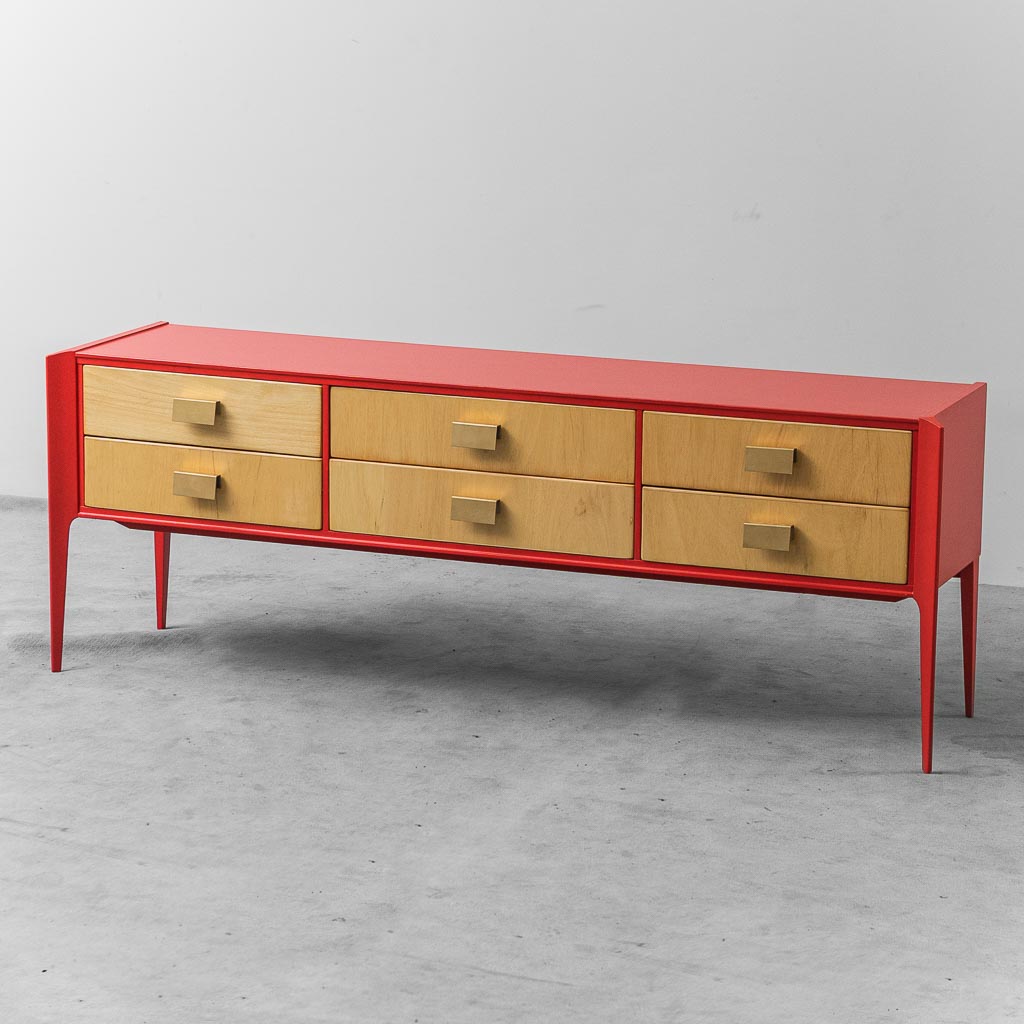 Sideboard mobile legno rosso metallo anni '60 vintage modernariato