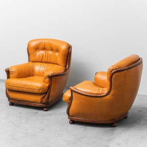 Coppia di poltrone in pelle e legno Anni '50 vintage modernariato