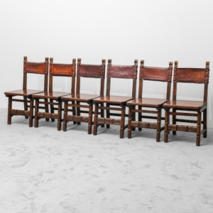 Set di 6 Sedie da Pranzo in Legno e Pelle Marrone Fine XIX Secolo