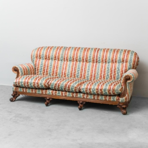 Divano 3 posti vintage tessuto a righe multicolor e legno anni '50 vintage modernariato