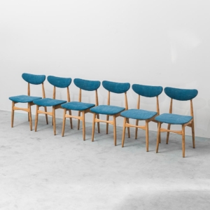Set di 6 sedie vintage restaurate in legno e tessuto blu anni '60 modernariato