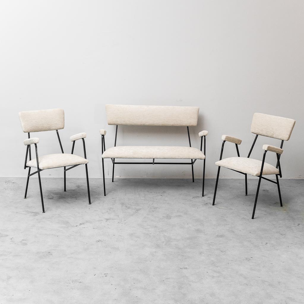 Salottino vintage con divanetto e poltrone in metallo e tessuto anni ’70 modernariato