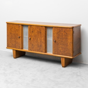 Credenza sideboard vintage in radica di noce con inserti decorativi anni ’40