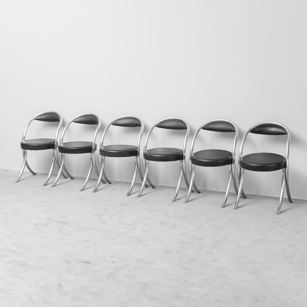 Set 6 sedie vintage stile Giotto Stoppino anni ’70 – sedie design cromate ecopelle nera