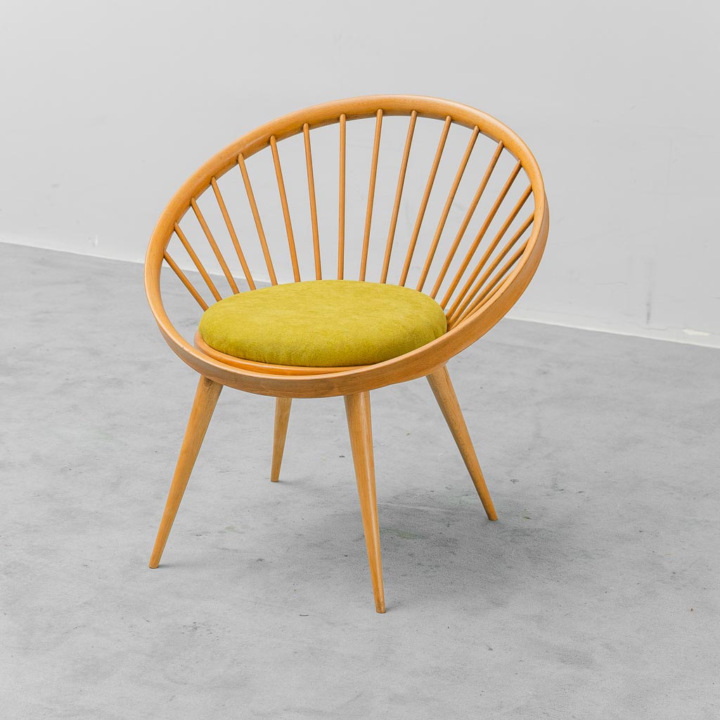 Poltrona circolare in legno anni ’60 vintage scandinavo tessuto verde modernariato