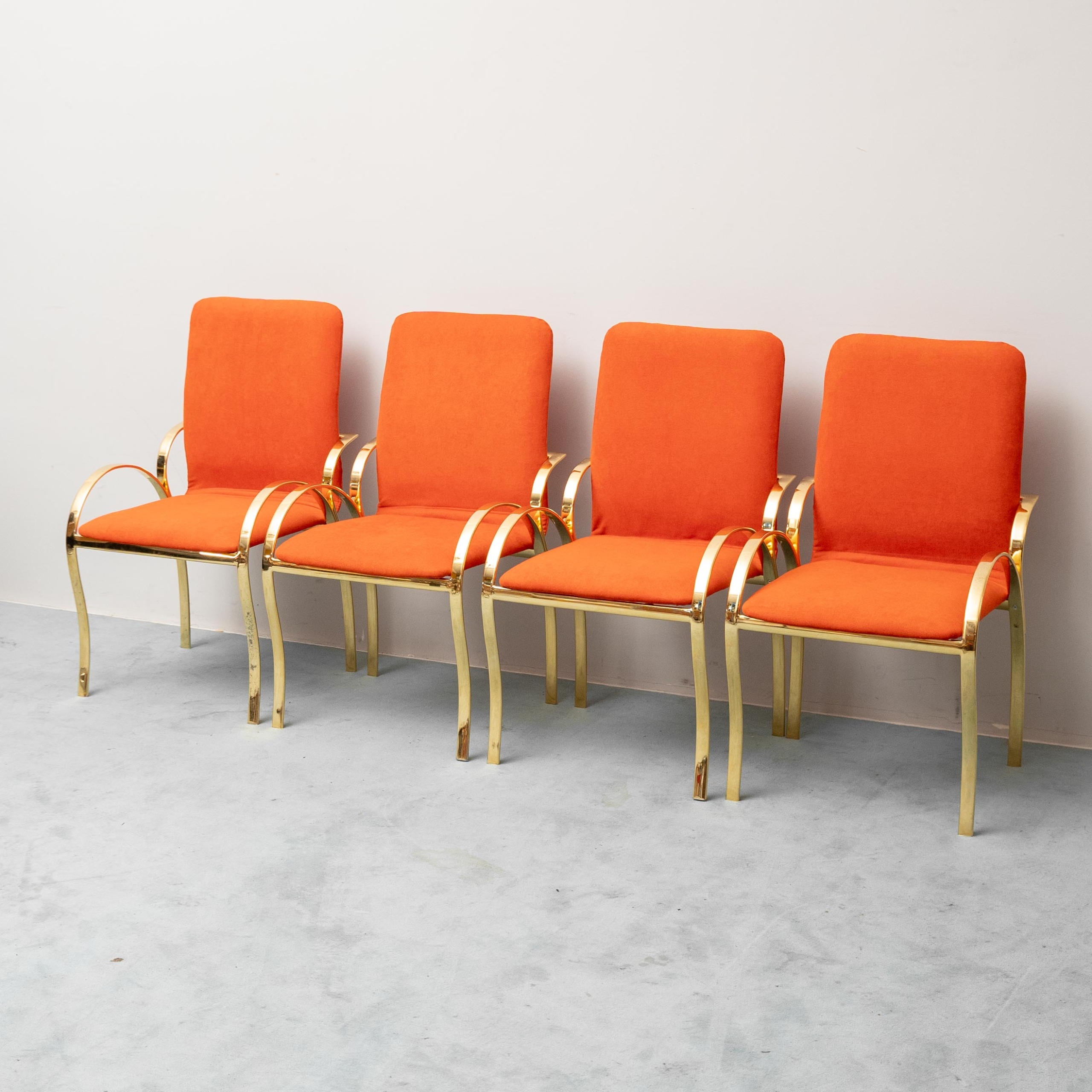 Set di 4 Sedie Vintage Ottone e Tessuto Arancione anni '70 Modernariato