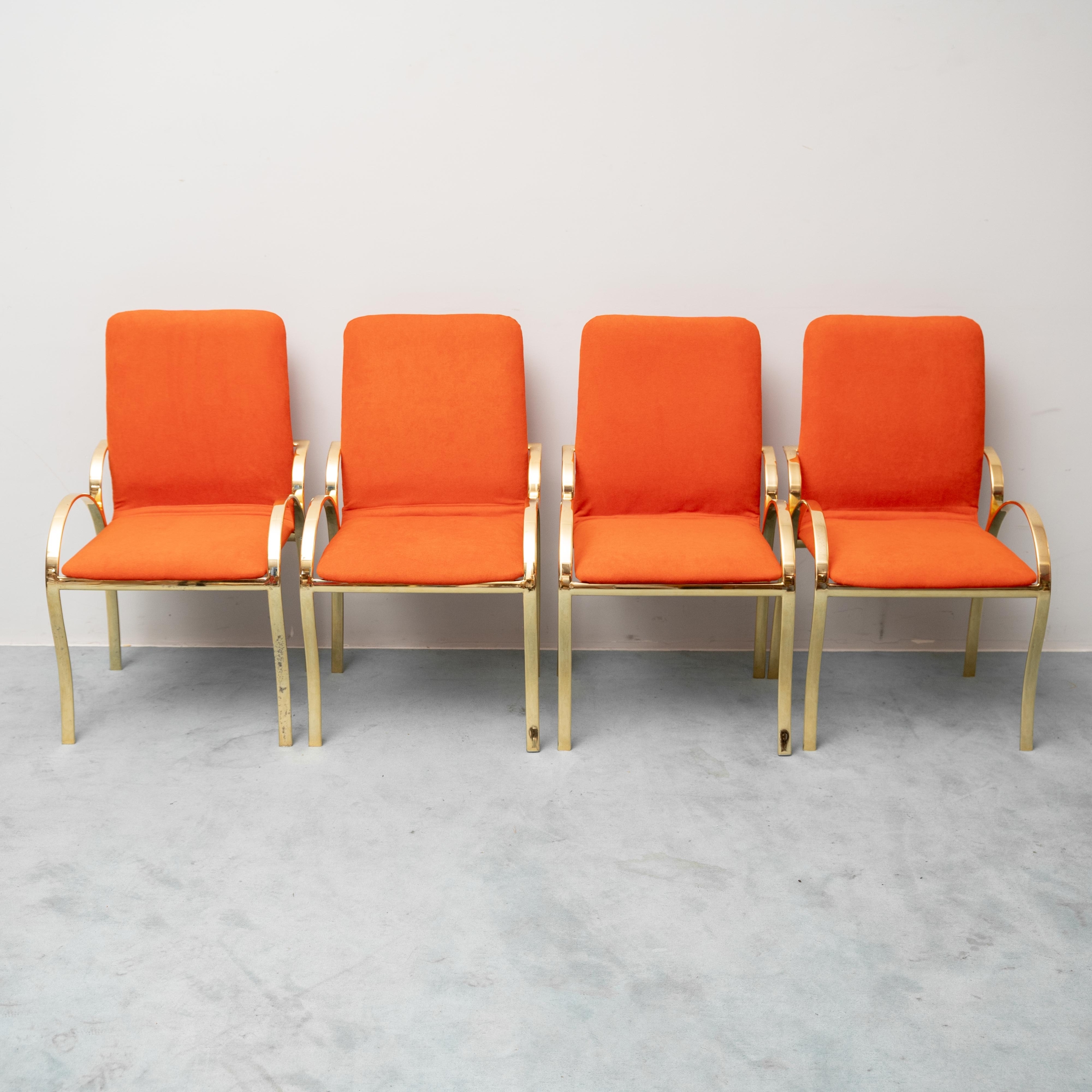 Set di 4 Sedie Vintage Ottone e Tessuto Arancione anni '70 Modernariato