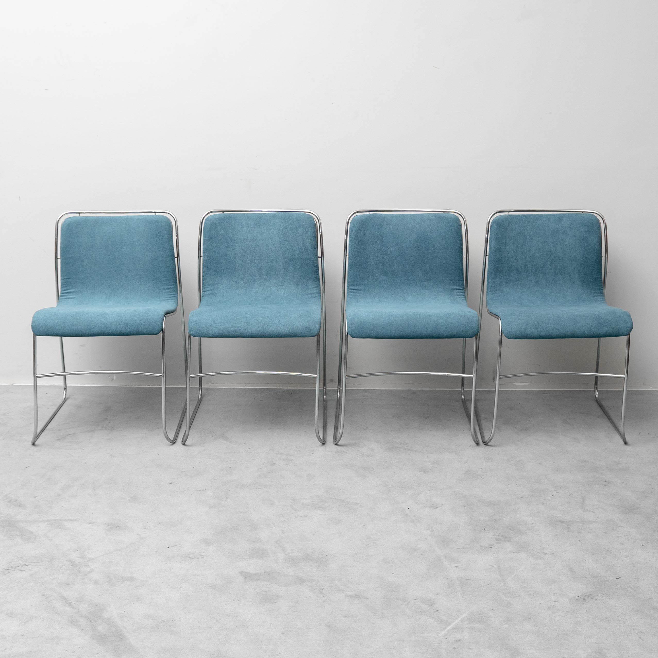 Set di 4 Sedie Vintage metallo e tessuto blu Modernariato Anni ’70