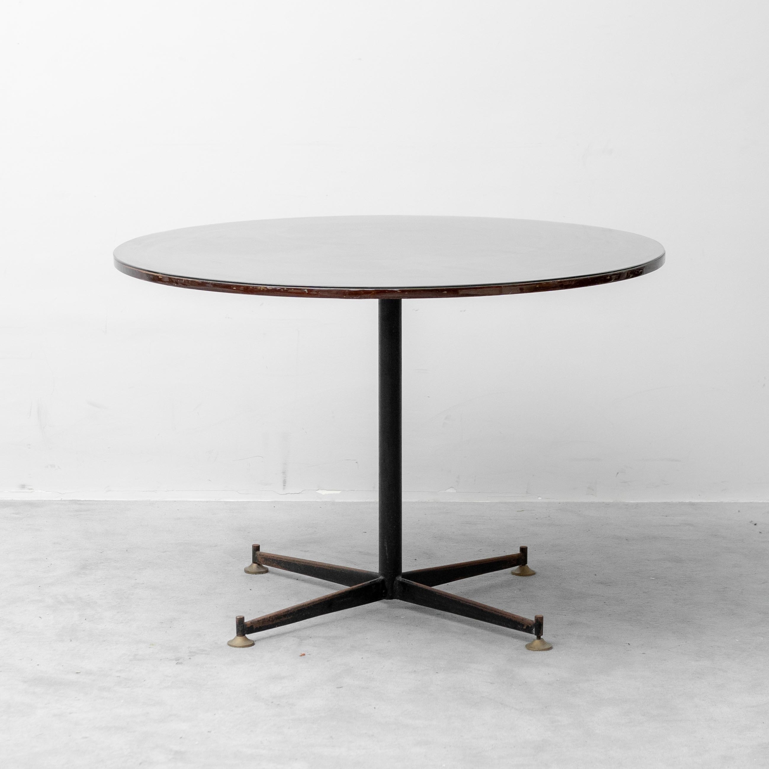 Tavolo Rotondo Vintage in Legno e Vetro con Base in Metallo Anni ’70 Modernariato