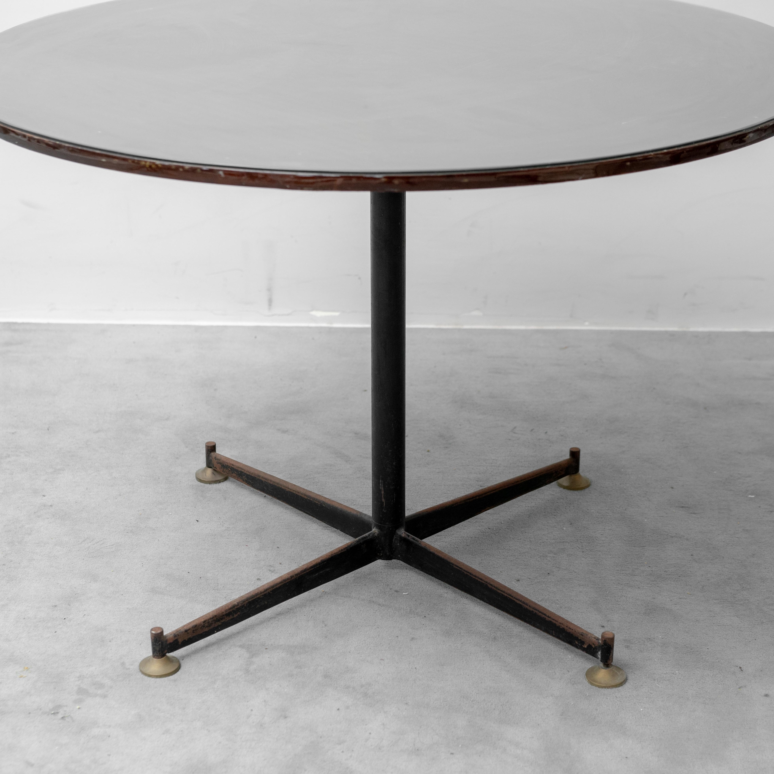 Tavolo Rotondo Vintage in Legno e Vetro con Base in Metallo Anni ’70 Modernariato