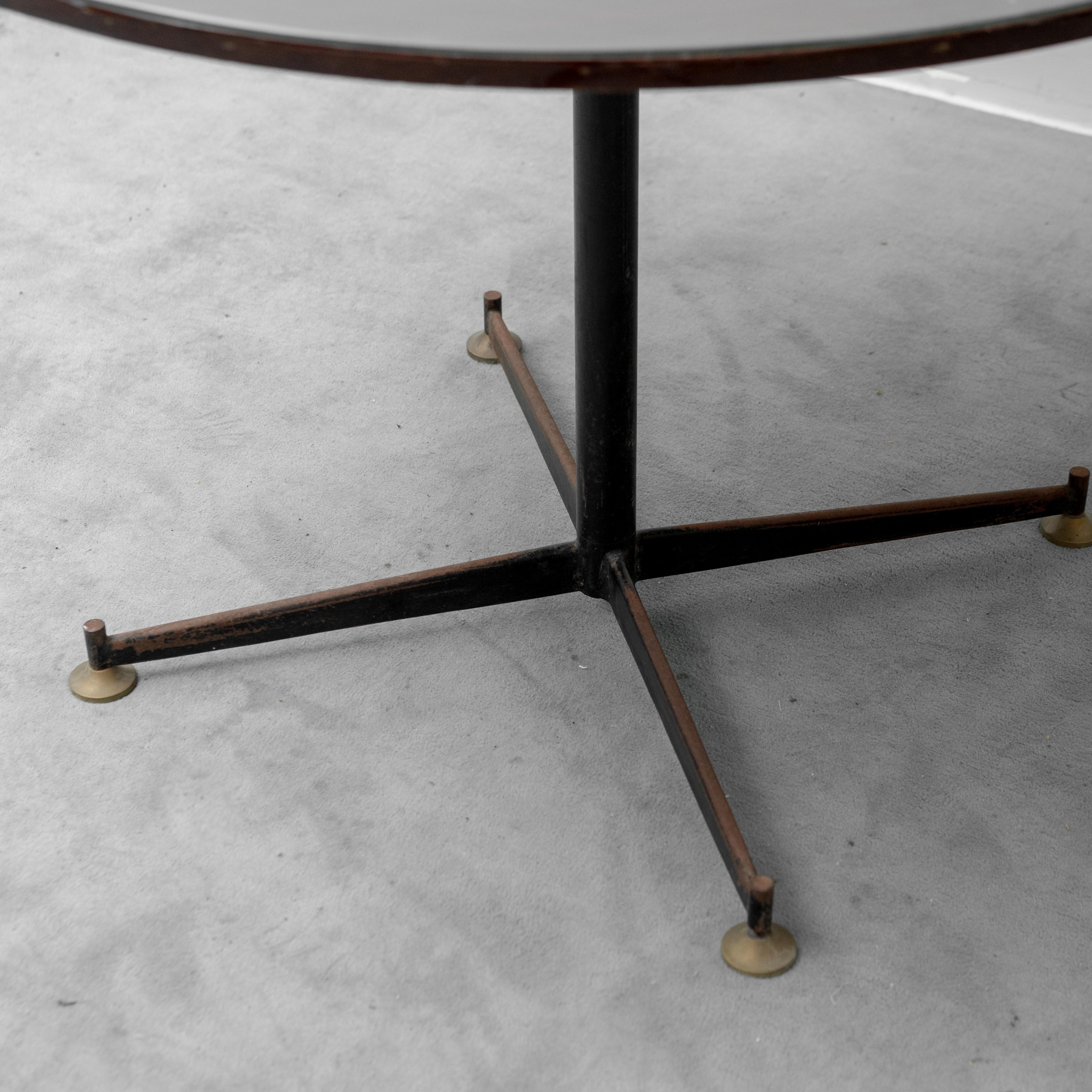 Tavolo Rotondo Vintage in Legno e Vetro con Base in Metallo Anni ’70 Modernariato