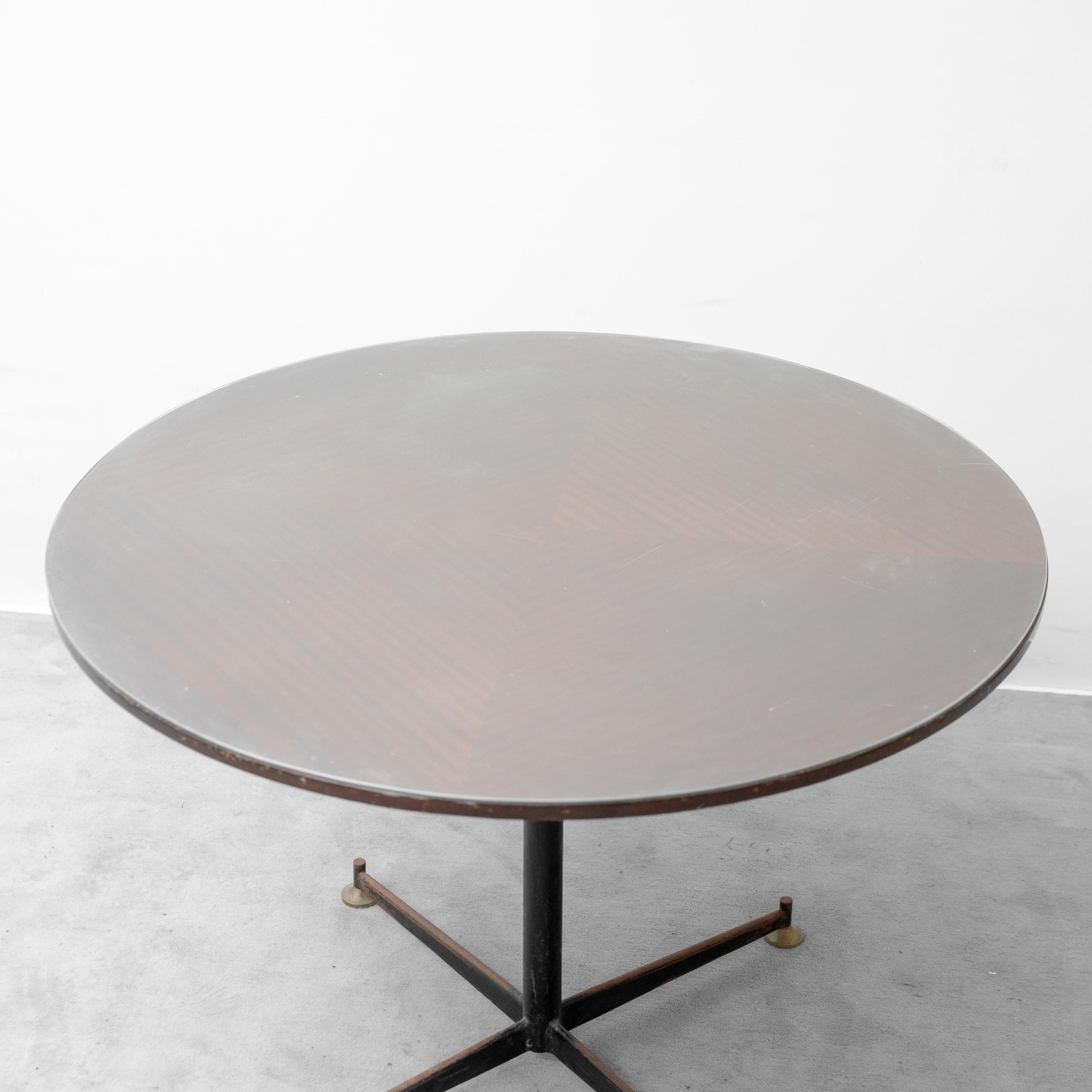 Tavolo Rotondo Vintage in Legno e Vetro con Base in Metallo Anni ’70 Modernariato