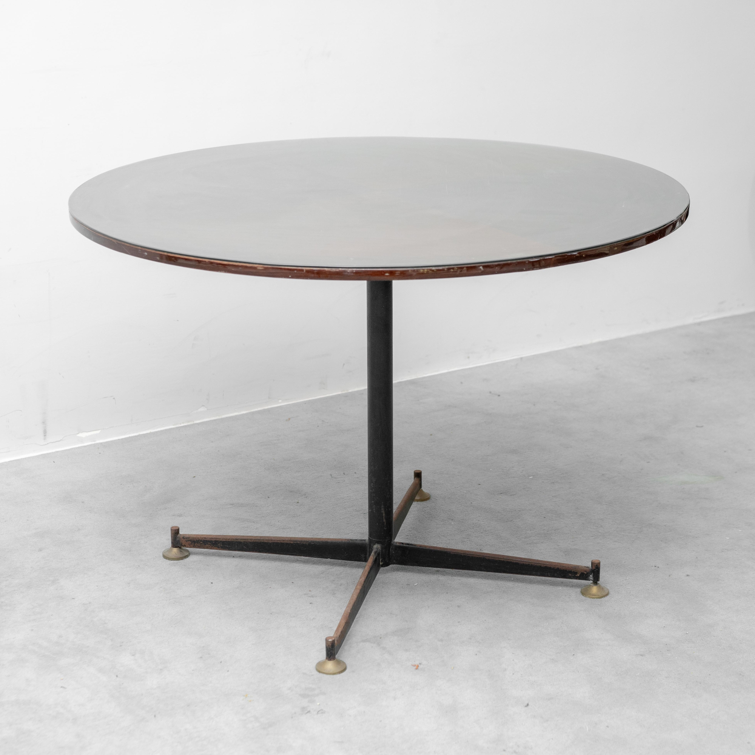 Tavolo Rotondo Vintage in Legno e Vetro con Base in Metallo Anni ’70 Modernariato